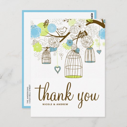 青と緑の鳥のフローラありがとうはがき ポストカード (正面/裏面)