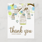 青と緑の鳥のフローラありがとうはがき ポストカード (正面)