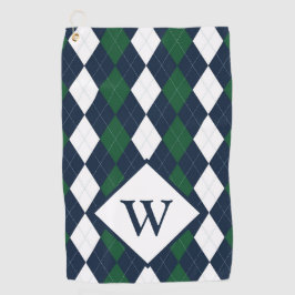 青と緑アーガイルモノグラムの ゴルフタオル
