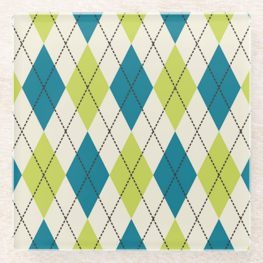 青と緑アーガイル柄の ガラスコースター (正面)