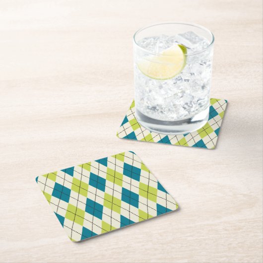 青と緑アーガイル柄の スクエアペーパーコースター (インサイチュ)