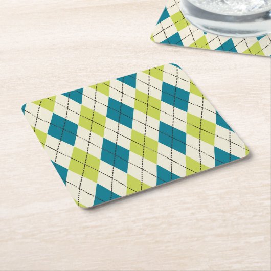 青と緑アーガイル柄の スクエアペーパーコースター (アングル)