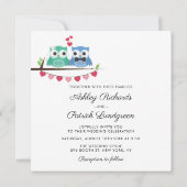 青と緑 |かわいいフクロウの花嫁結婚と花婿 招待状 (裏面)