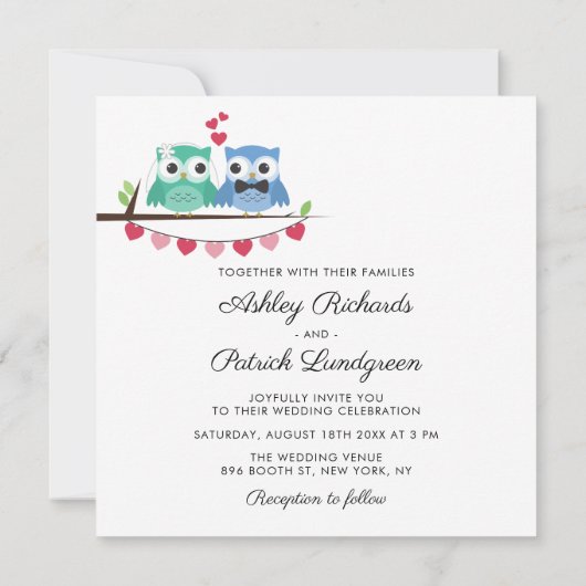 青と緑 |かわいいフクロウの花嫁結婚と花婿 招待状 (裏面)