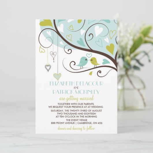 青と緑 |かわいいラブバード結婚式招待状 招待状 (スタンド正面)