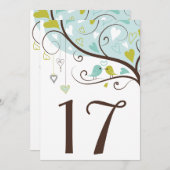 青と緑 | ラブバードのテーブルのナンバーカード 招待状 (正面/裏面)