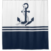 青と航海の白のいかりを持つ青ストライプ色 シャワーカーテン (正面)