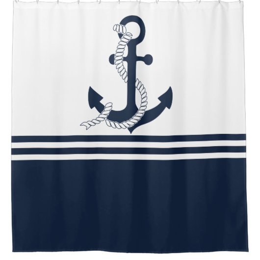 青と航海の白のいかりを持つ青ストライプ色 シャワーカーテン (正面)