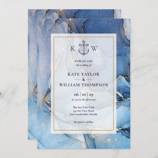 青と航海の金ゴールドアガテモノグラム結婚の 招待状 (正面/裏面)