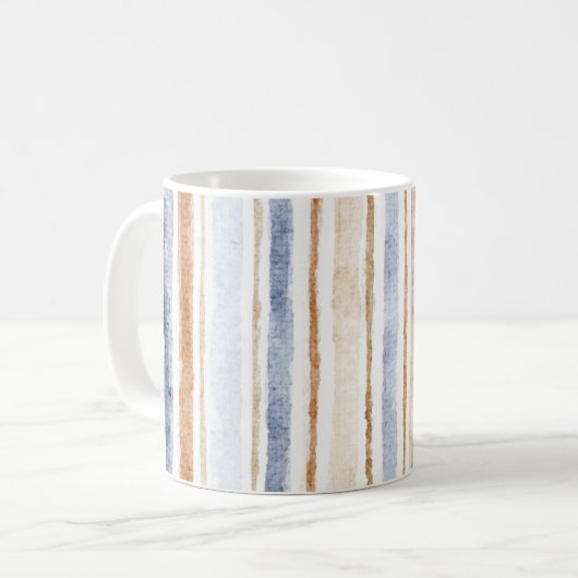 青と茶とクリーム色のストライプ コーヒーマグカップ (正面左)