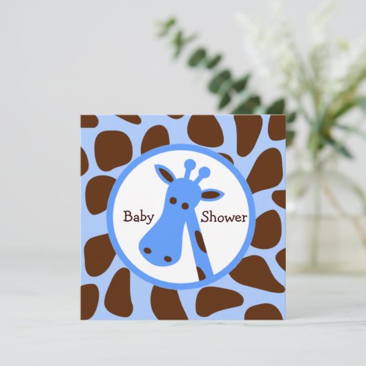 青と茶のキリンの少年のベビーシャワー 招待状 (スタンド正面)