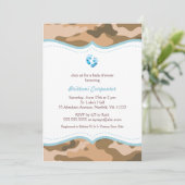 青と茶の迷彩柄ベビーシャワー招待状と足 招待状 (スタンド正面)