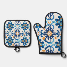 青と茶色のキッチンセット 鍋つかみ&鍋敷きセット