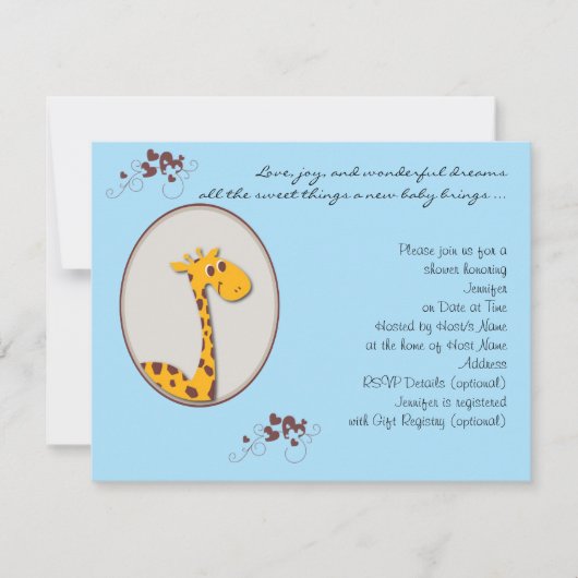 青と茶色のキリンベビーシャワー招待状 招待状 (正面)