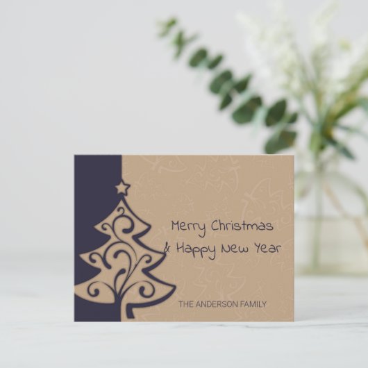青と茶色のクリスマスツリー シーズンポストカード (スタンド正面)