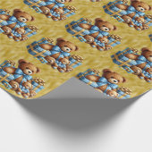 青と茶色のクリスマステディベア ラッピングペーパー (角)