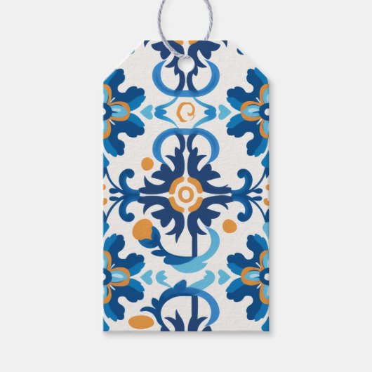 青と茶色のグリーティパターン（の模様が）あるングカード ギフトタグ (正面)