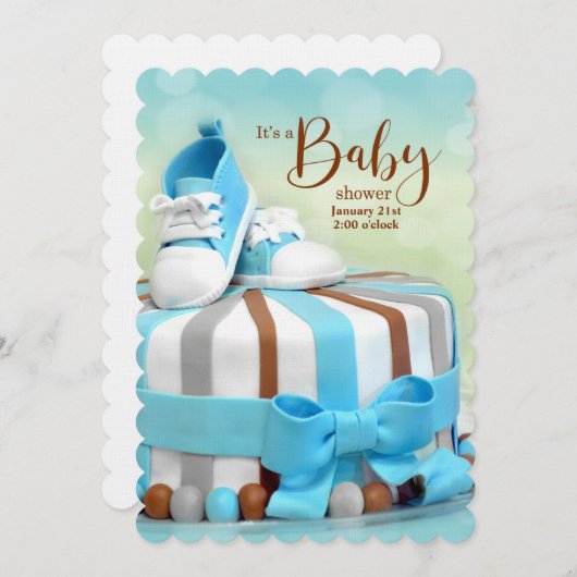 青と茶色のケーキベビーシューズベビーシャワー 招待状 (正面/裏面)
