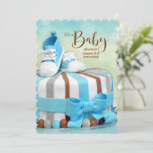 青と茶色のケーキベビーシューズベビーシャワー 招待状 (スタンド正面)