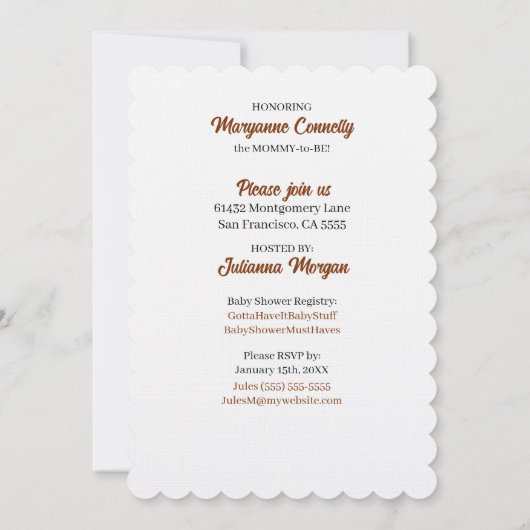 青と茶色のケーキベビーシューズベビーシャワー 招待状 (裏面)