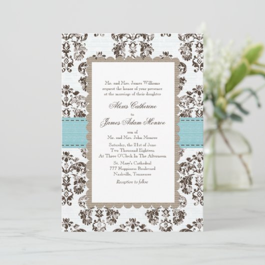 青と茶色のダマスクの結婚式招待状 招待状 (スタンド正面)