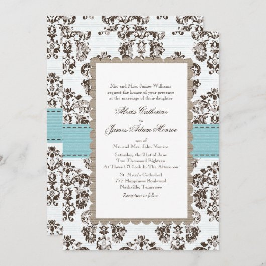 青と茶色のダマスクの結婚式招待状 招待状 (正面/裏面)