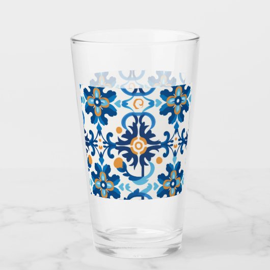 青と茶色のチェック付き格子状ガラスのウォーターボトル タンブラーグラス (正面)