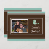 青と茶色のバーディレトロ写真クリスマスカード シーズンカード (正面/裏面)