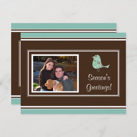 青と茶色のバーディレトロ写真クリスマスカード シーズンカード (正面/裏面)