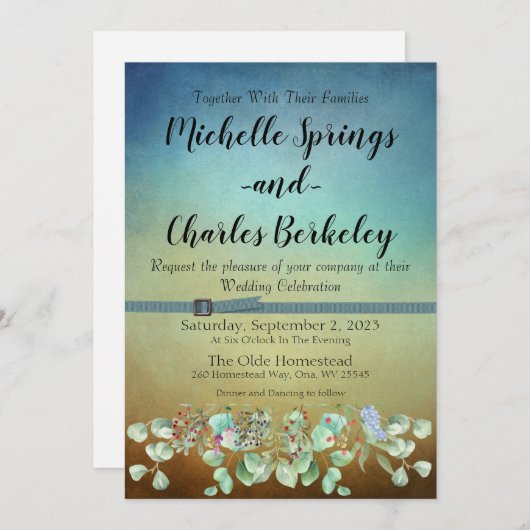 青と茶色のフラットグラデーション結婚式招待状 (正面/裏面)