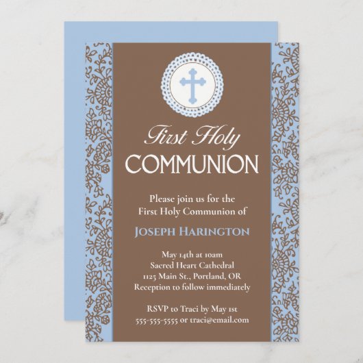 青と茶色のフローラが最初の聖餐式をアウトライン 招待状 (正面/裏面)