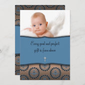 青と茶色のボーイフォト《キリスト教》洗礼式や命名式 招待状 (正面/裏面)