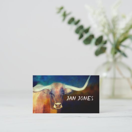 青と茶色のロングカウアートカスタム 名刺 (スタンド正面)