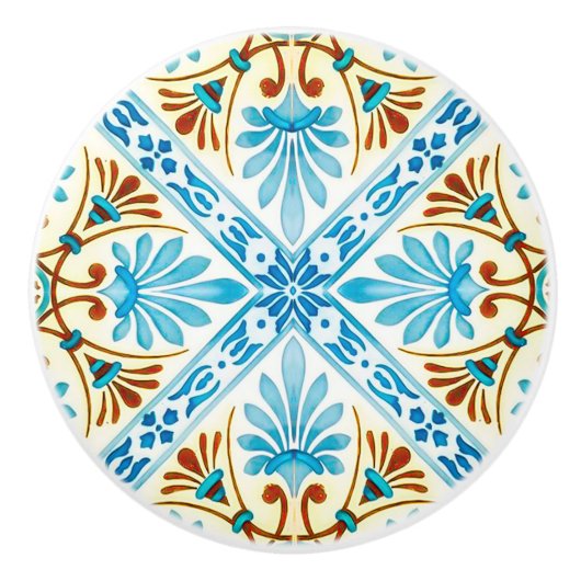 青と茶色のヴィンテージタイルルックセラミックノブ セラミックノブ (正面)