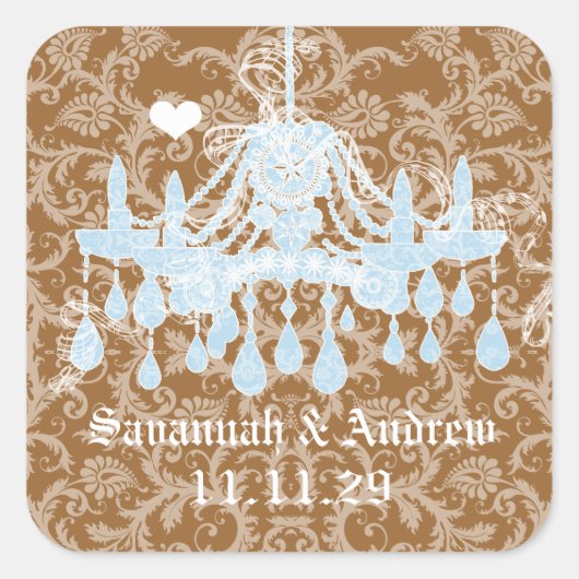 青と茶色のヴィンテージダマスクシャンデリアステッカー スクエアシール (正面)