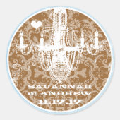 青と茶色のヴィンテージダマスクシャンデリアステッカー ラウンドシール (正面)