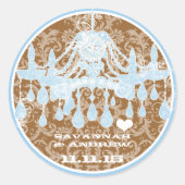 青と茶色のヴィンテージダマスクシャンデリアステッカー ラウンドシール (正面)