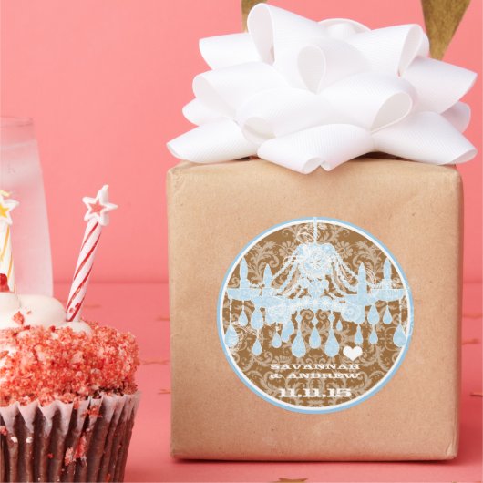 青と茶色のヴィンテージダマスクシャンデリアステッカー ラウンドシール (パーティー)