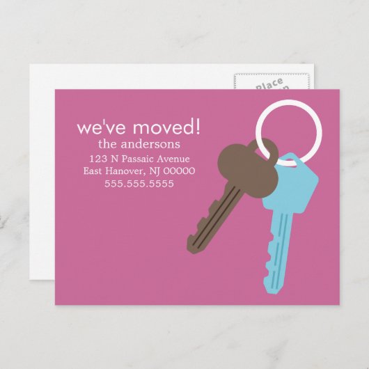 青と茶色の家の鍵が動くアナウンス 案内ポストカード (正面/裏面)