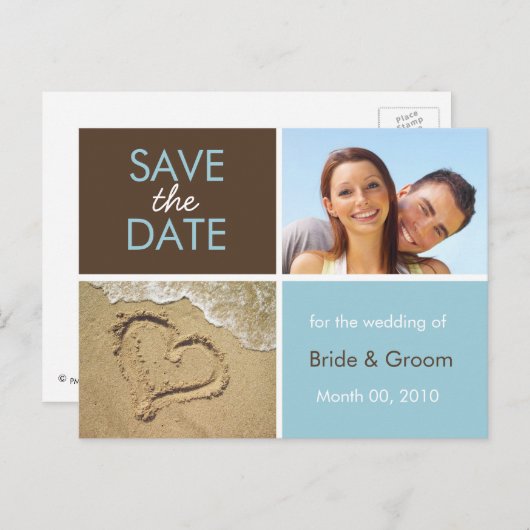 青と茶色の日付の写真はがきを保存 案内ポストカード (正面/裏面)