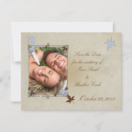 青と茶色の木の結婚式招待状#2 セーブザデート (裏面)