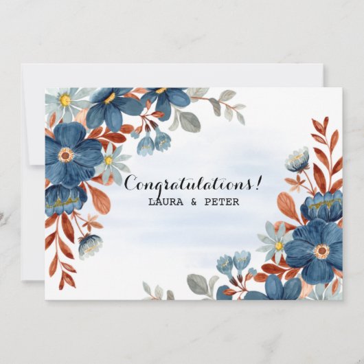 青と茶色の水彩花柄 おめでとう 招待状 (正面)