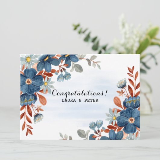 青と茶色の水彩花柄 おめでとう 招待状 (スタンド正面)