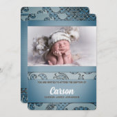 青と茶色の男の子のバプテスマヴィンテージフローラ 招待状 (正面/裏面)