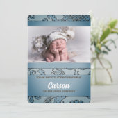 青と茶色の男の子のバプテスマヴィンテージフローラ 招待状 (スタンド正面)