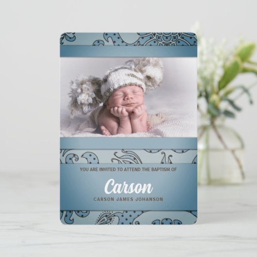 青と茶色の男の子のバプテスマヴィンテージフローラ 招待状 (スタンド正面)