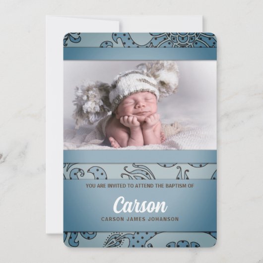 青と茶色の男の子のバプテスマヴィンテージフローラ 招待状 (正面)