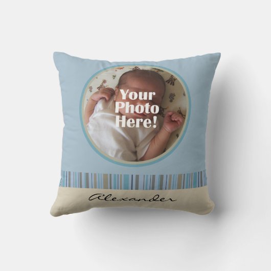 青と茶色の男の赤ちゃんカスタム写真/名前ピロー クッション (裏面)