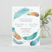 青と茶色の羽根のウェディング招待状 招待状 (スタンド正面)