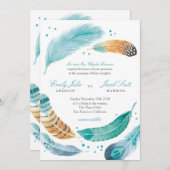 青と茶色の羽根のウェディング招待状 招待状 (正面/裏面)